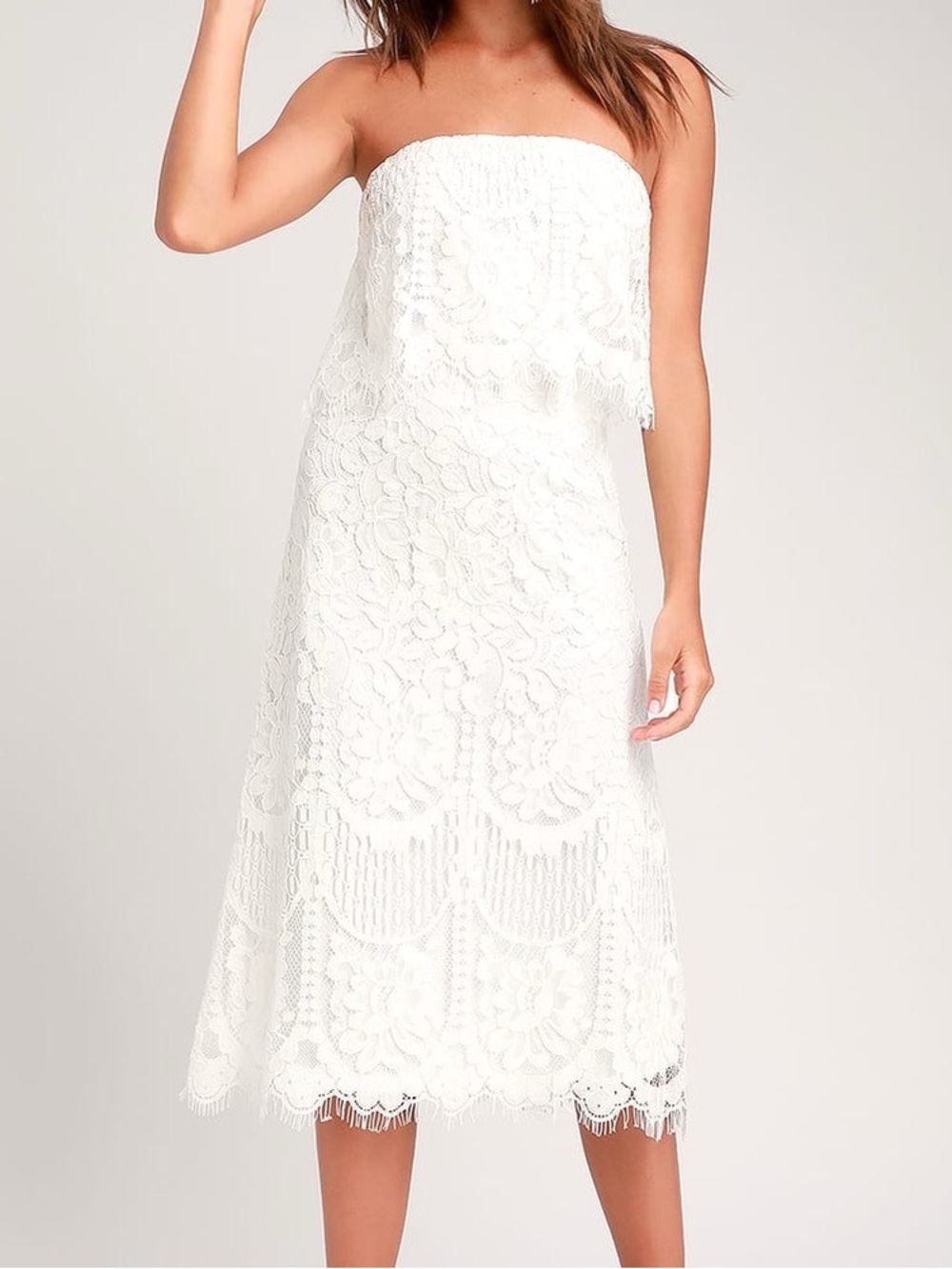 Lulu's Strapless White Lace Midi Dress with Scalloped Fringe